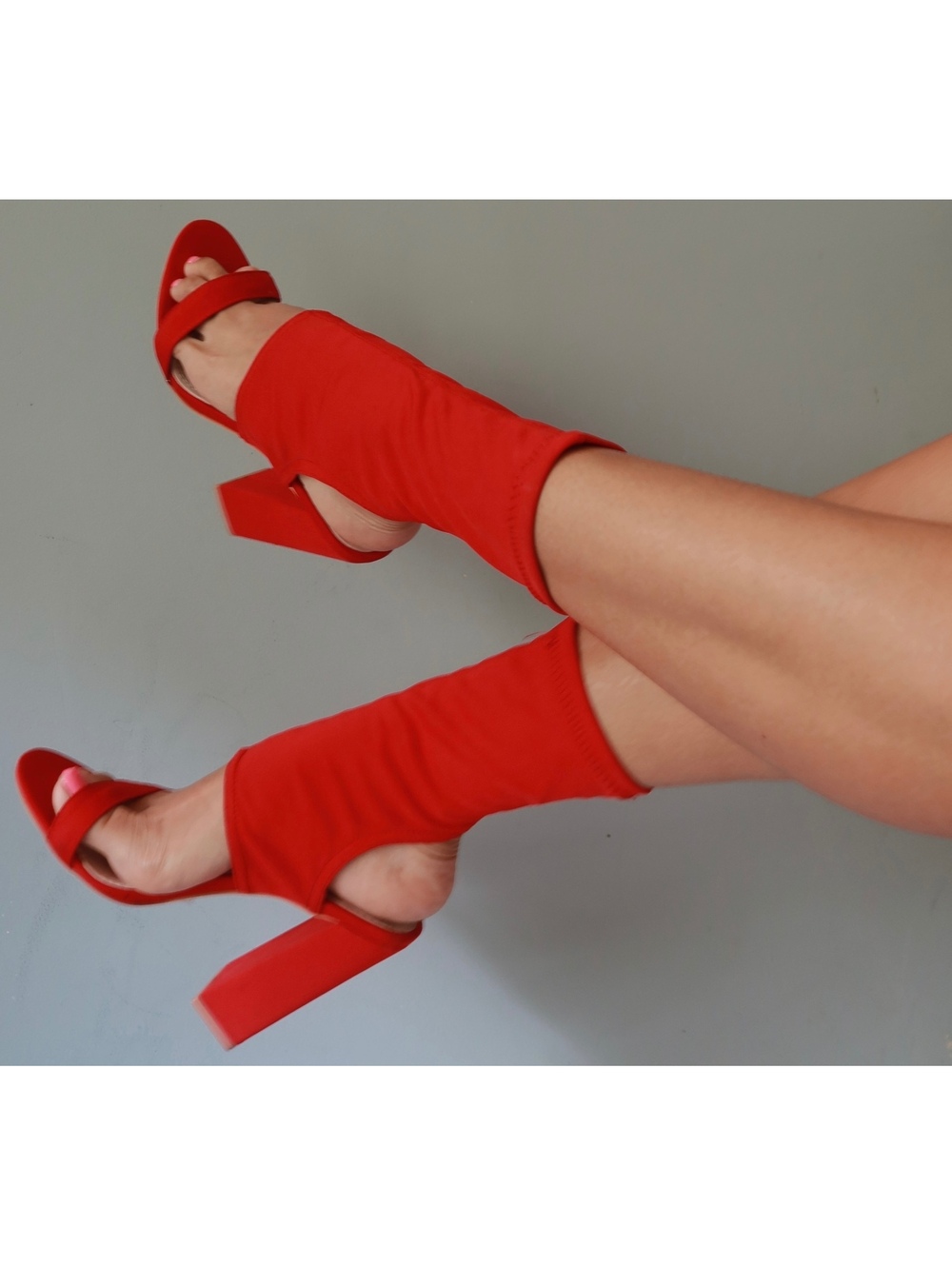 Red Stretch Sock Bootie Block Heel Sandals